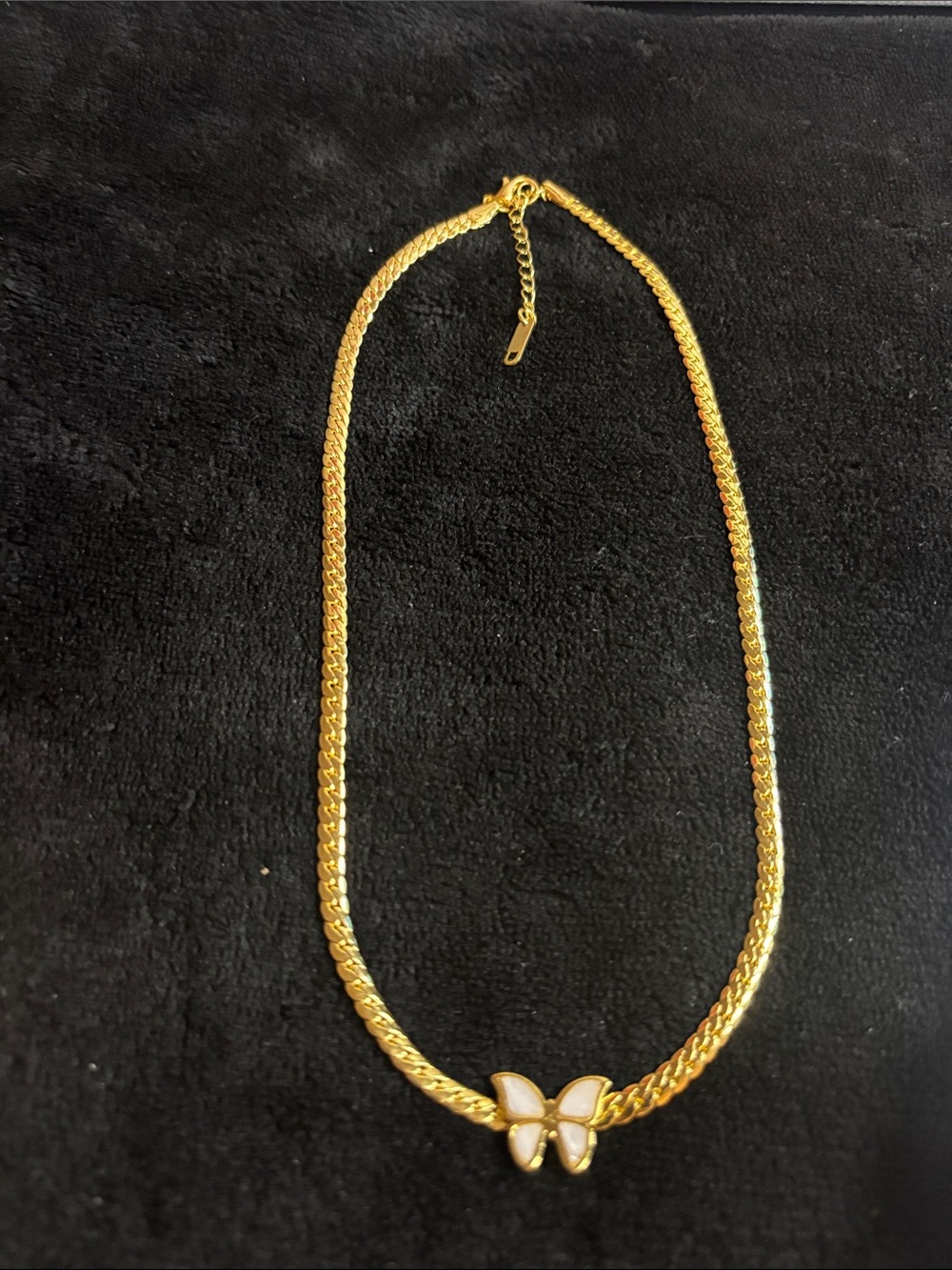 Gold Chain Necklace with Cream Butterfly Accent - Women Jewelry